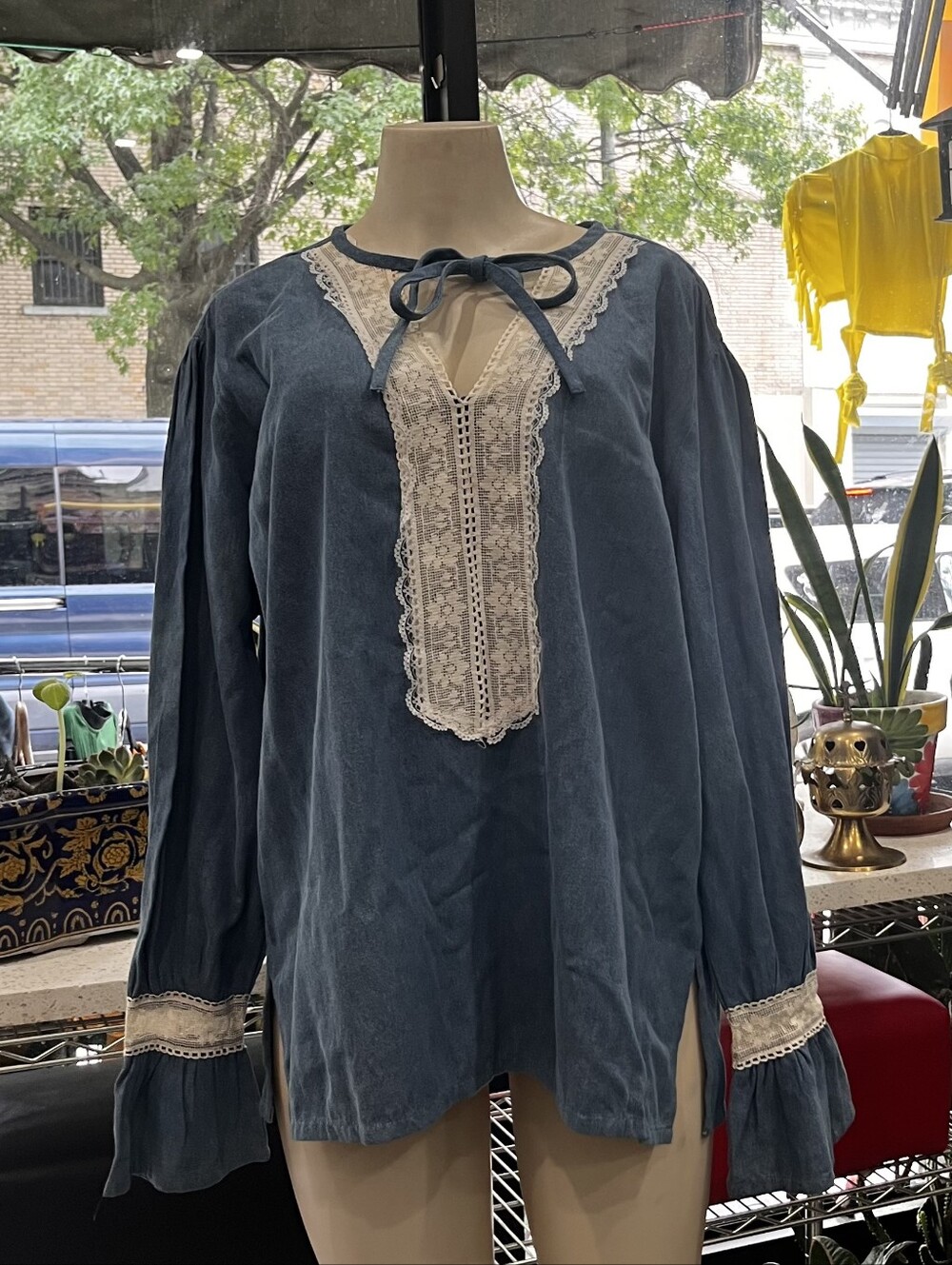 Women's Blue Lace-Trim Peasant Blouse